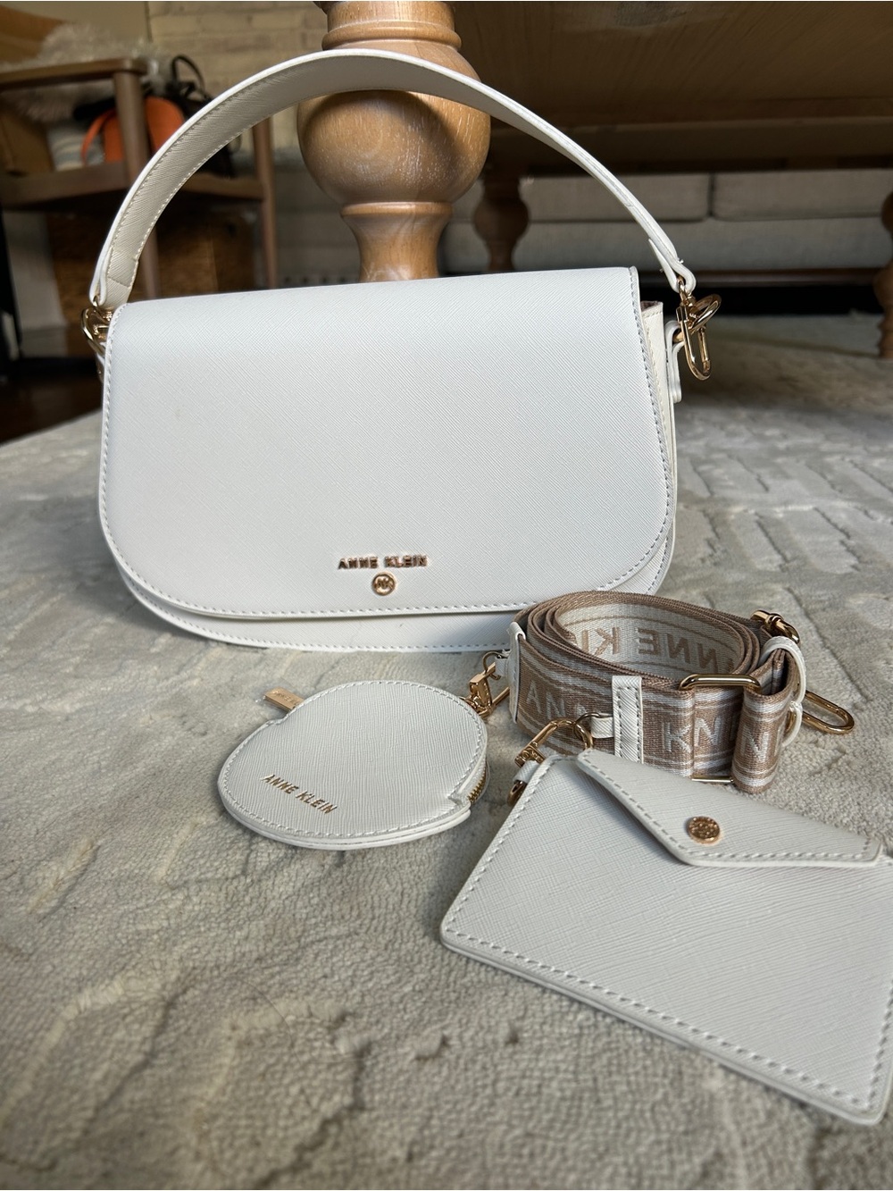 Anne Klein White Shoulder Bag with Webbing Crossbody Strap and Accessories